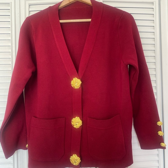 Micas Sweaters - Red Button-Front Cardigan Sweater with Gold Accents